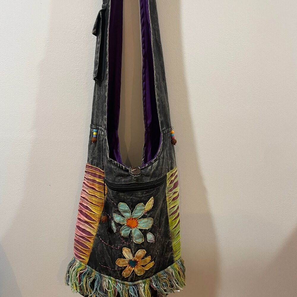 Boho Flowers Fringe Festival Everyday Hobo Bag Flowers - Picture 2 of 10